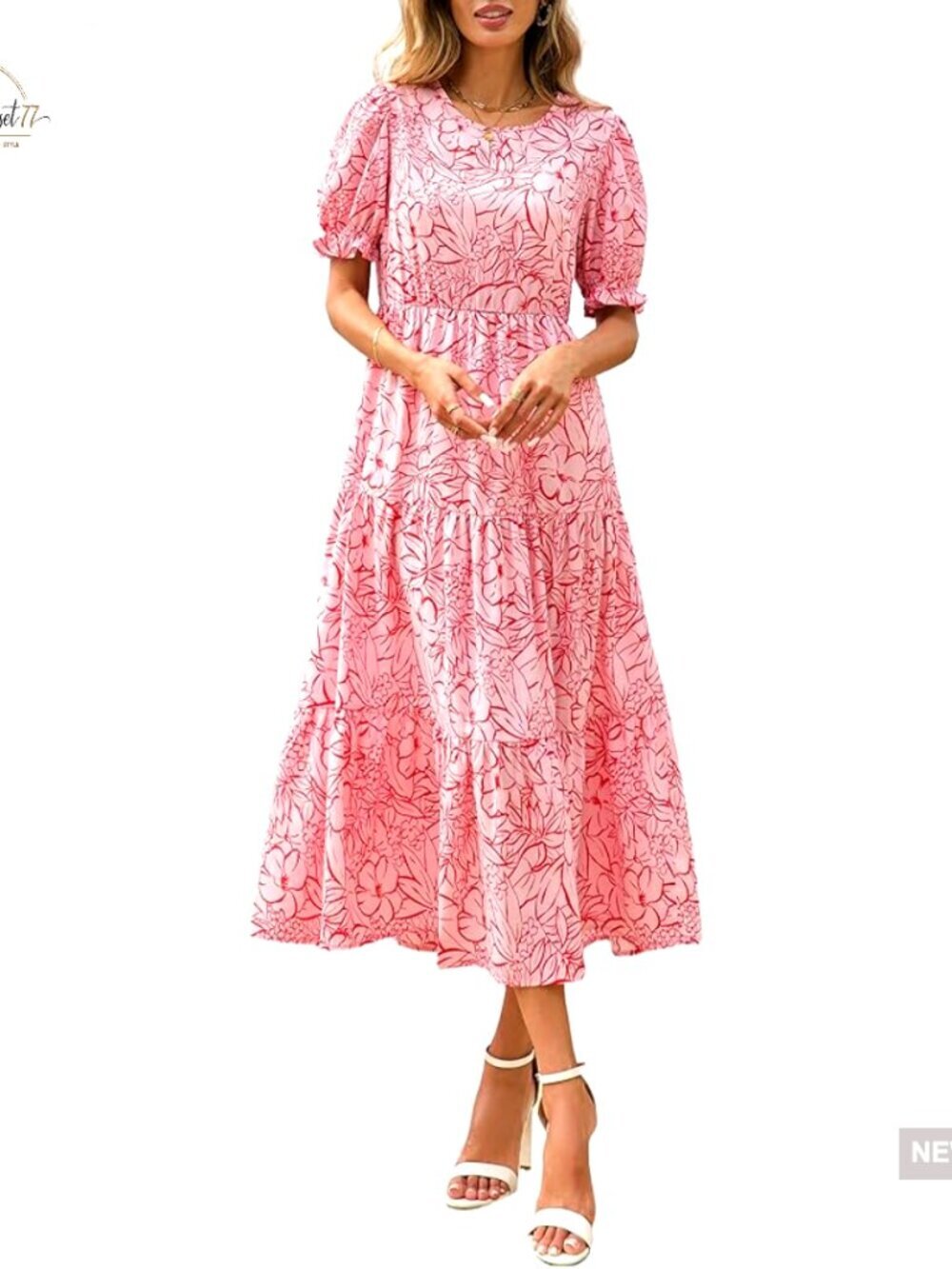 Floral Boho Midi Dress Puff Sleeve Loose Fit Polyester Summer Casual